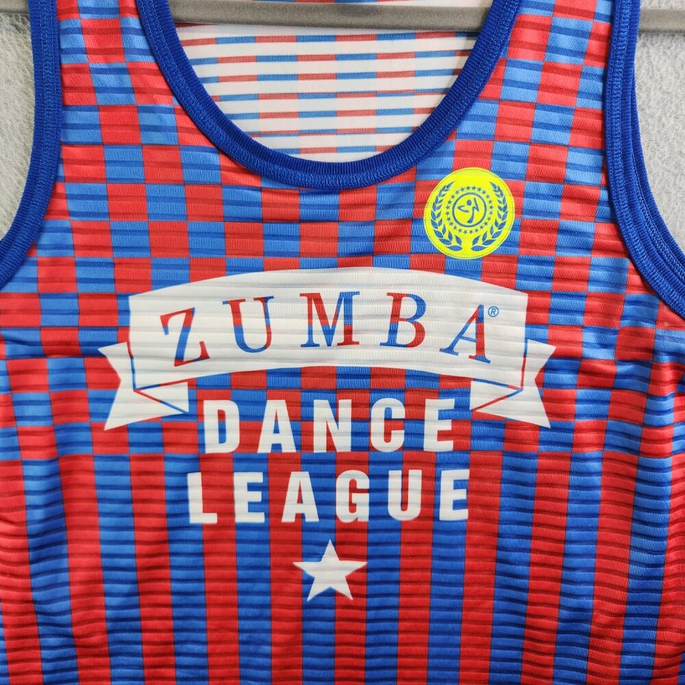 Zumba Top Womens XL Blue Red Jersey Tank Dance League Fitness Aerobics American - Picture 2 of 9